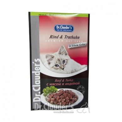 DR. CLAUDER'S drėgnas maistas katėms su jautiena ir kalakutiena drebučiuose, 100 g
