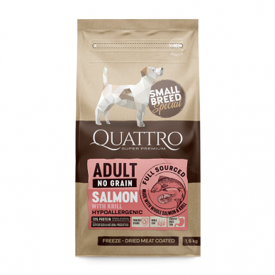 Quattro sausas suaugusių mažų veislių šunų pašaras su lašiša ir kriliu, 7kg