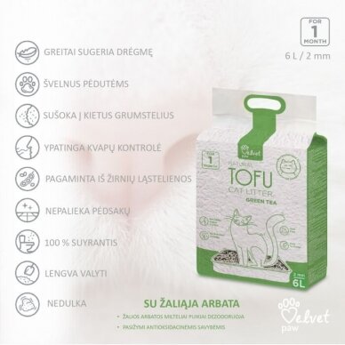 Velvet Paw Tofu kačių kraikas su žaliosios arbatos ekstraktu, 6 l. 2